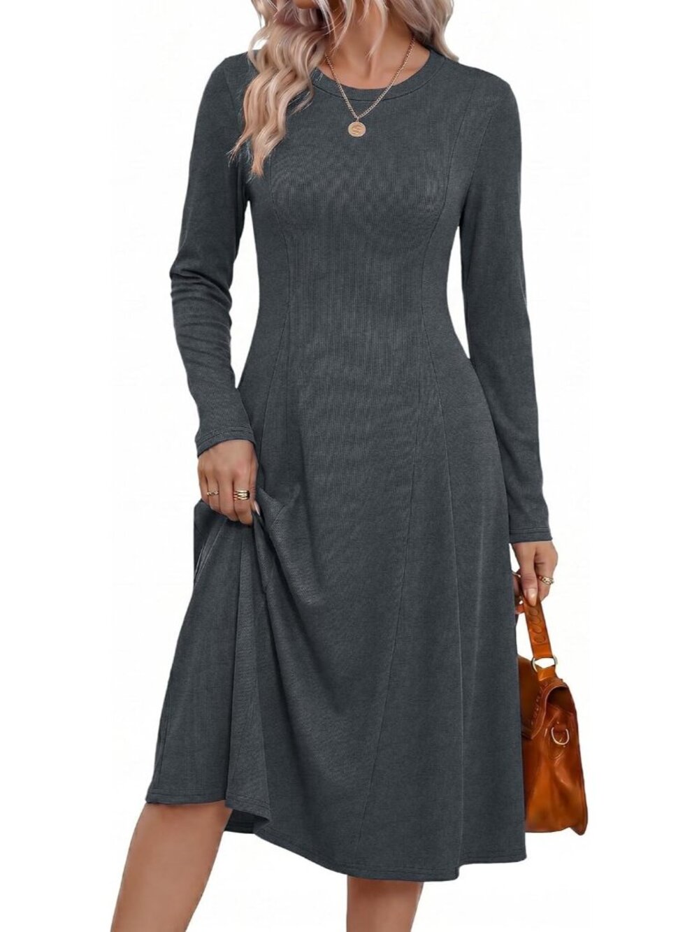 Women's Grey Sweater Crew Neck Long Sleeve Ribbed Knit A Line Flowy Midi Dress